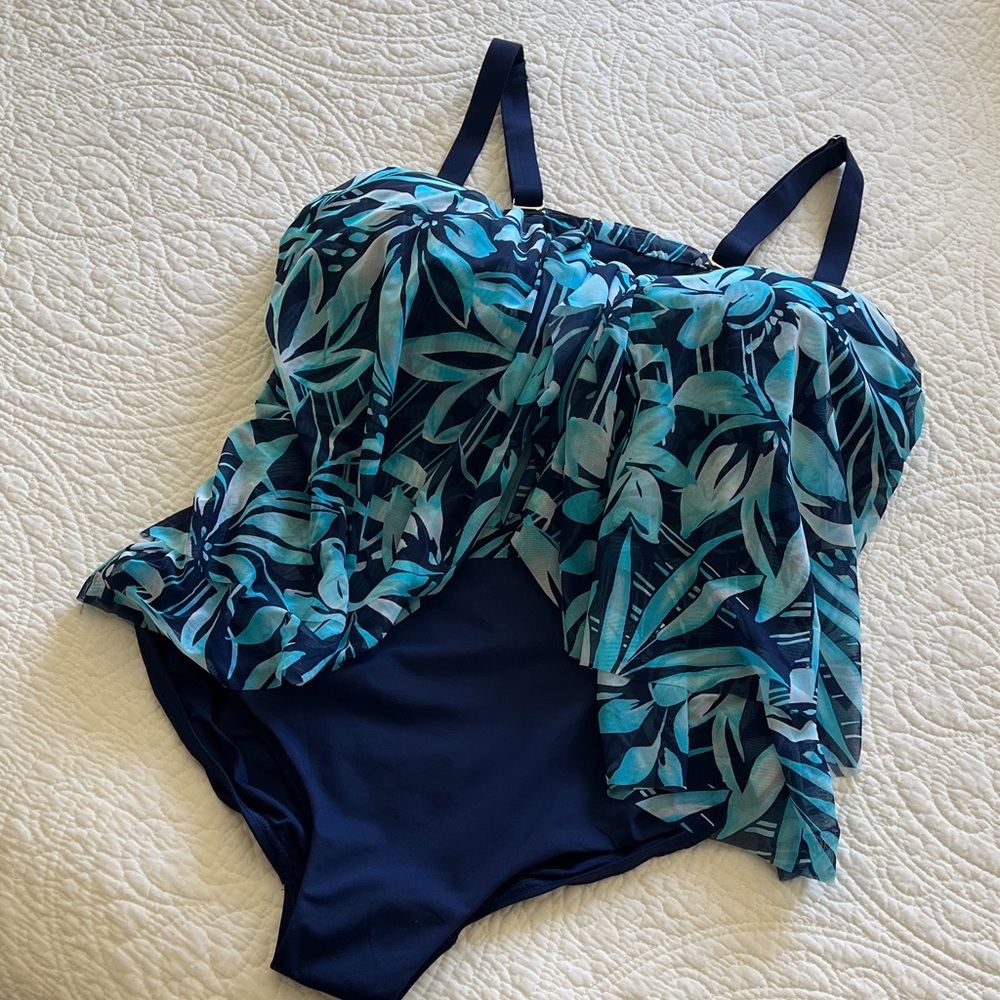 NWT Lands End 1 Piece Swimsuit Bathing 22W Mesh Bandeau Blue Teal Floral Support - Picture 4 of 15